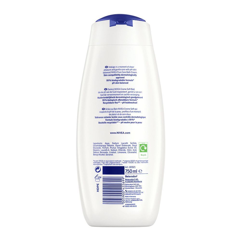 Nivea Creme Soft Pure Care Bath Cream Shower Gel 750ml - Image 2