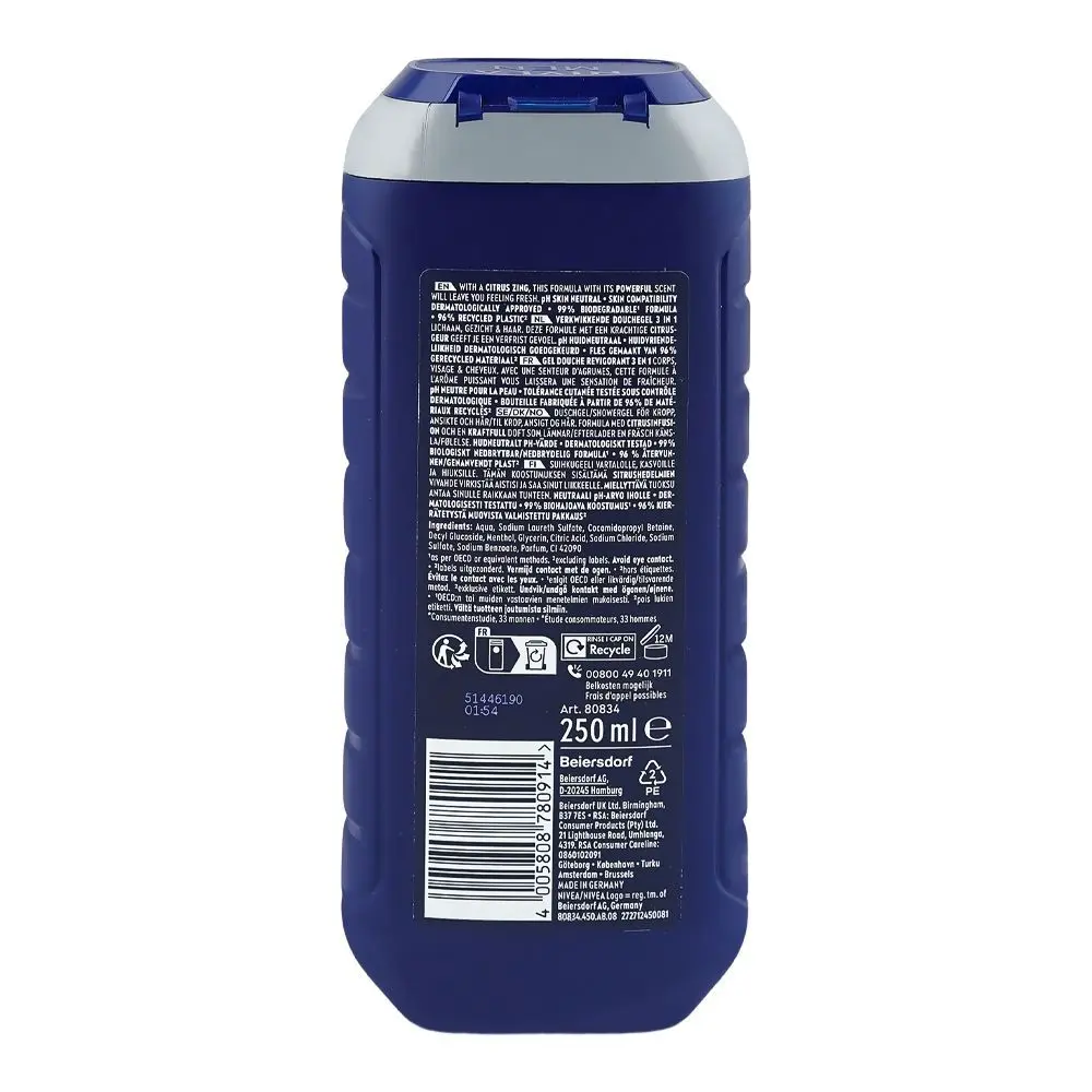 Nivea Men Power 24H Fresh Effect 3-In-1 Shower Gel For Body Face & Hair 250ml - Image 2